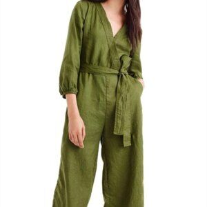 J Crew Point Sur Faux Wrap Olive Green 100% Linen Jumpsuit Size 4